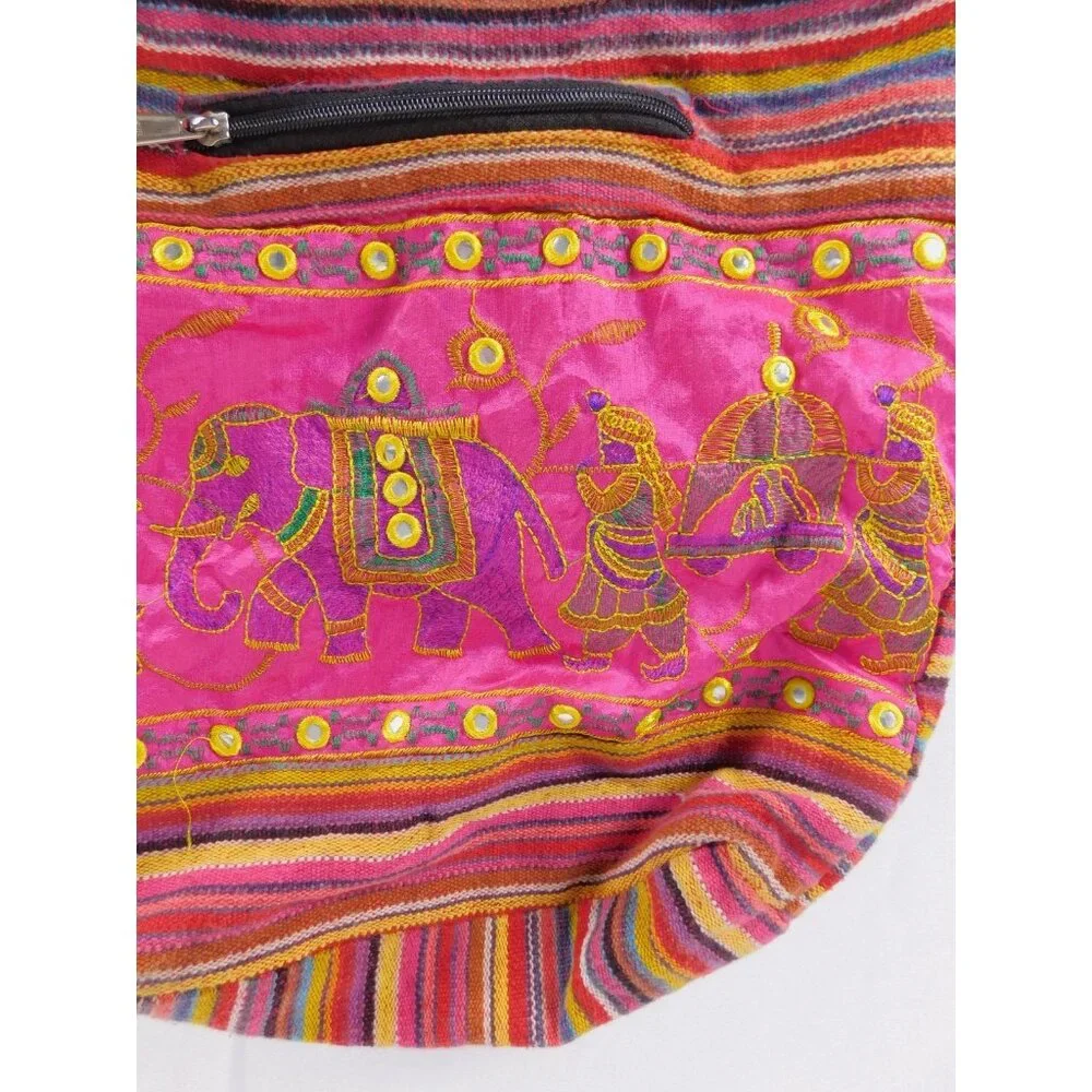 Tribe Azure Crossbody Bag Womens Medium Pink Striped Elephant Embroidered Boho